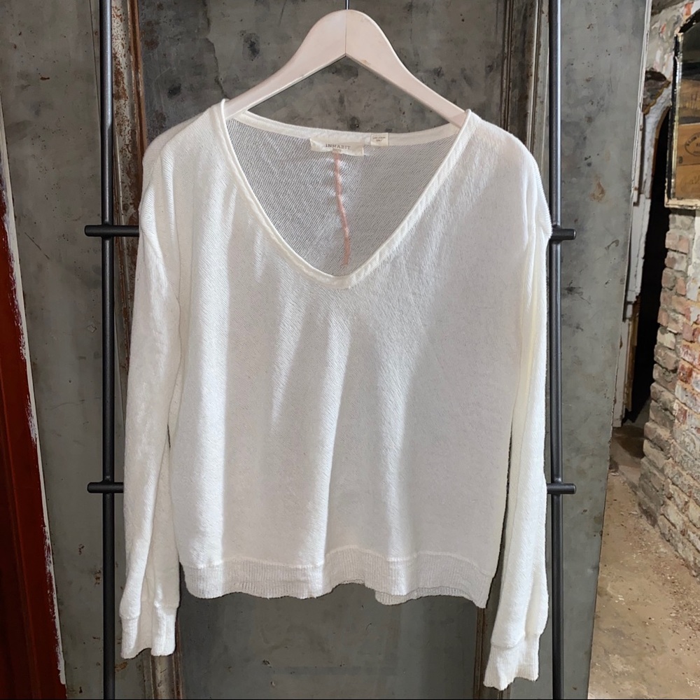 Inhabit White Sheer Cotton Linen V-Neck Sweater